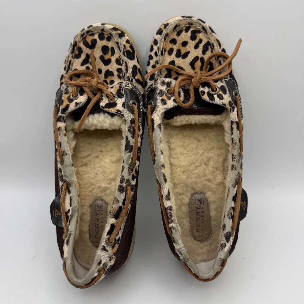 Sperry Boat Shoes‎ Women 7M Brown Leopard Calf Hair Shearling Lined 9102427